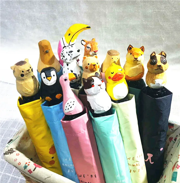 3D Wooden Animal Handle Folding Color Sun Umbrella Cute Design To Grade Quality Household Free