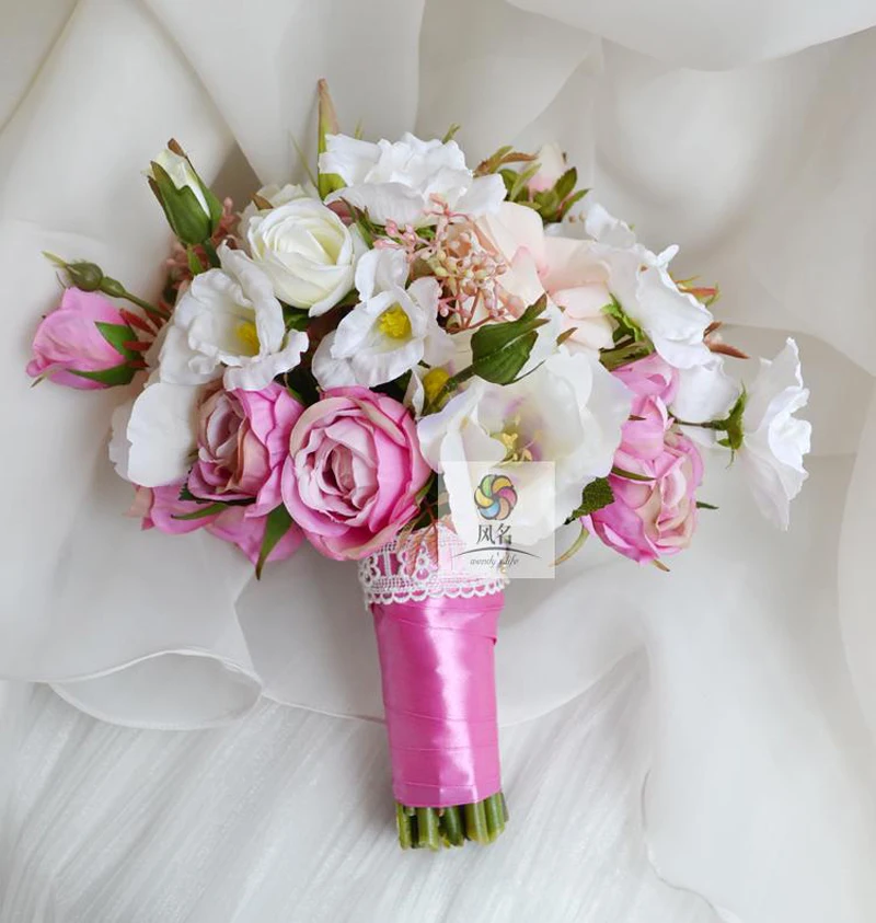 

High Quality Wedding Bridal Bridesmaid Bouquet Handmade New Bride Flower Artificial Flowers White Pink Holding Flower Home Decor