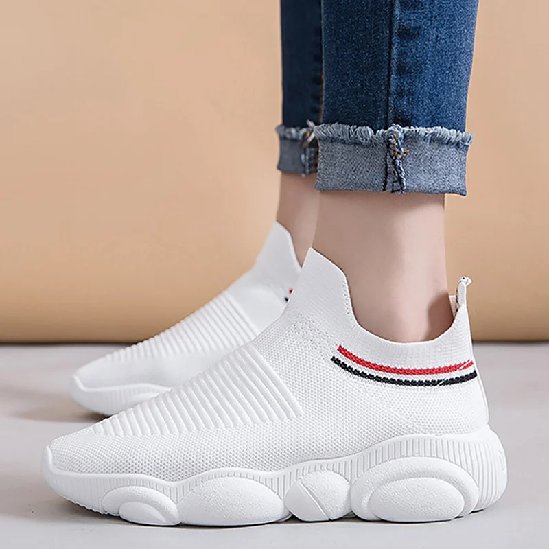 

White Sneakers On The Platform Women Summer Wedges Comfortable Sock Shoes For Girls Slip On Shallow Stretch Fabric