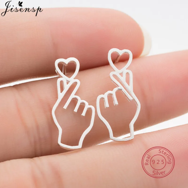 

Jisensp 925 Sterling Silver Hollow Hand Heart Stud Earrings for Women Fine Jewelry Kpop Style Gesture Earrings bijoux en argent