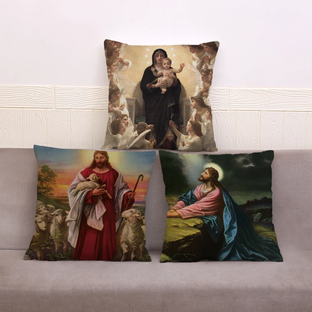

Oil Painting Yahushua Mary Cushion Cover for Sofa Home Decor Throw Pillowcase Print Portrait Pillow Case Plush 45*45cm
