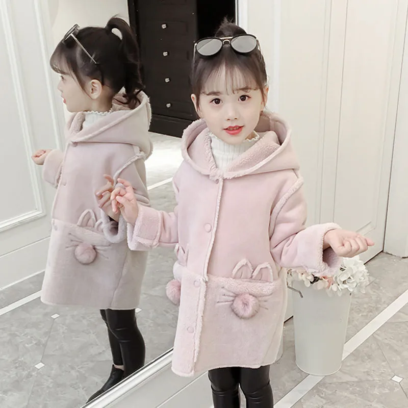 

cartoon pockets hooded woolen trench coats girls long patchwork winter jackets for kids fleece thick tops baby girl outerwears