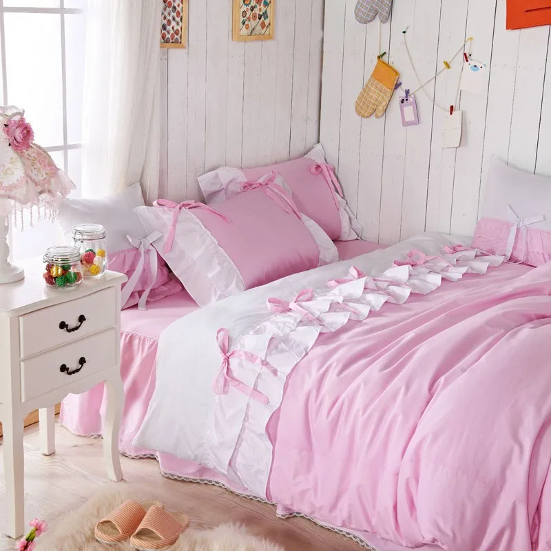 US 79 2 20 OFF Romantic Pink Queen Comforter Set Korean Pink Falbala Ruffle Fairy Duvet Cover Set Twin Size Girls Princess Bed Set In Bedding Sets