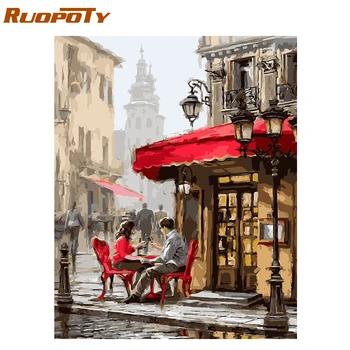 

RUOPOTY frame coffee sidewalk DIY painting by numbers landscape wall art picture acrylic canvas painting for home decor artwork