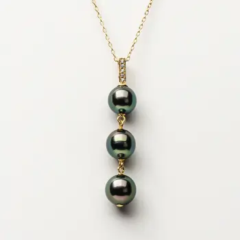 

Luminous 8.5-9.1mm Peacock Green Tahitian Pearl Triple Pendant 14k Yellow Gold Free Shipping