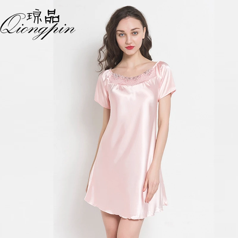 Ladies Silk Nightgown Sexy Silk Skirt Short Sleeved Sexy Nightwear Sexy