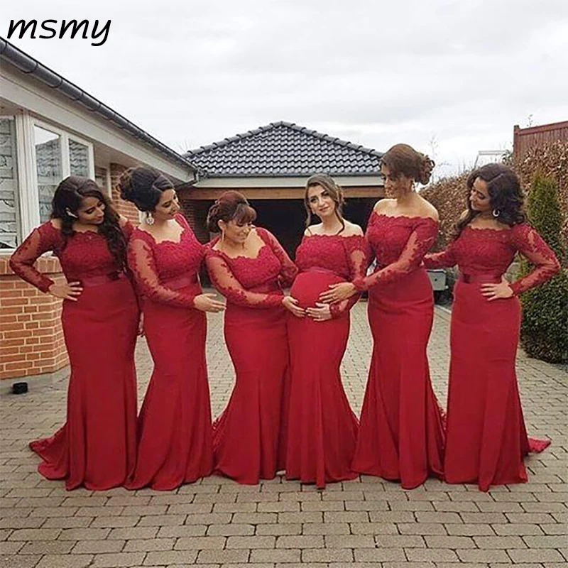 

New Red Bridesmaid Dresses Plus Size Maternity Off Shoulder Long Sleeves Prom gowns Pregnant Formal Dresses