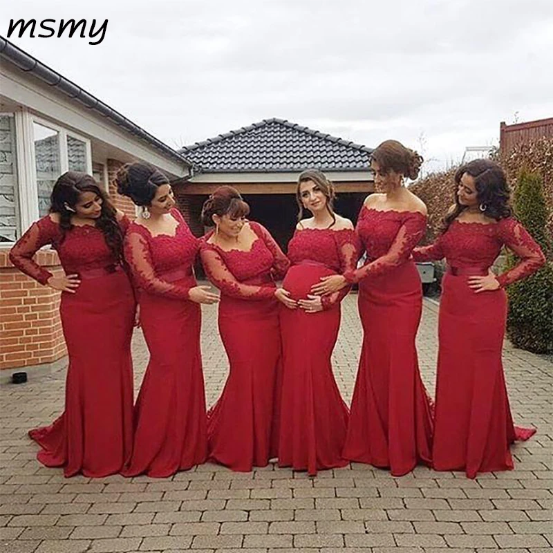 red bridesmaid dresses off the shoulder