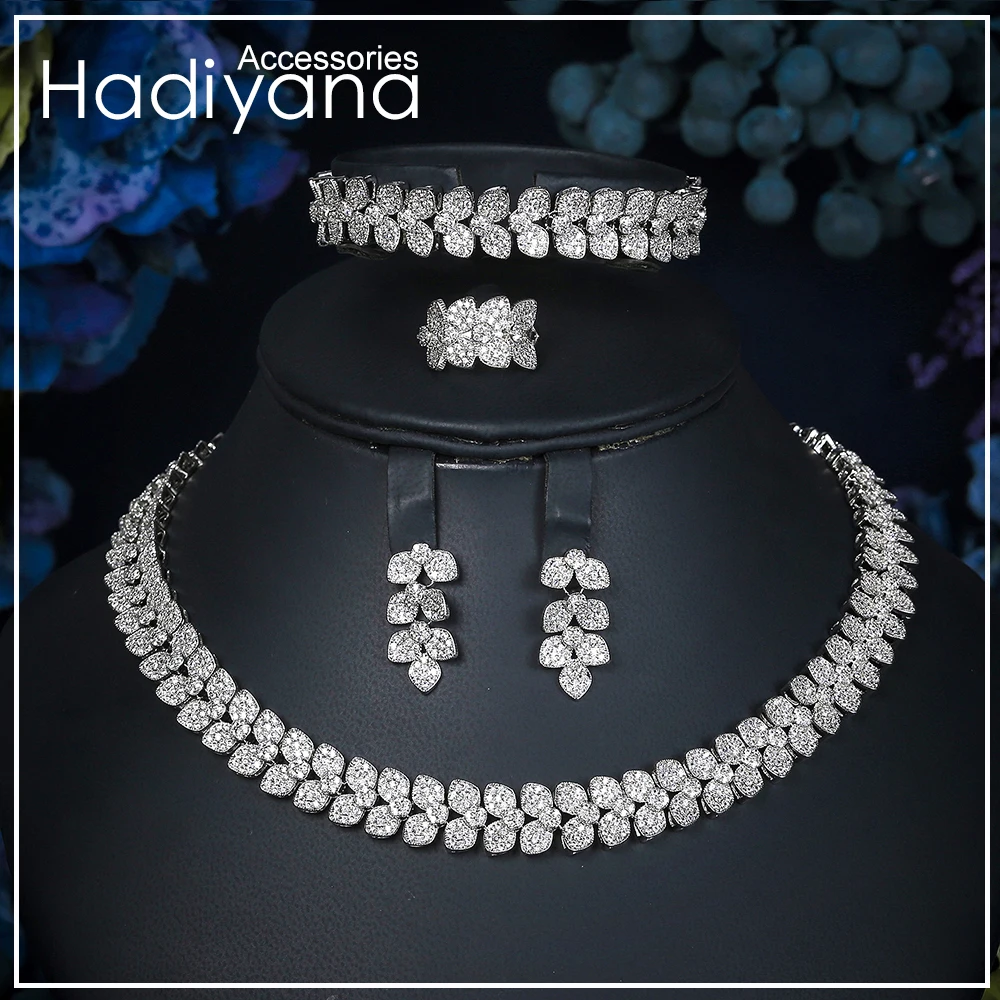Hadiyana Sparkling CZ Branch Leaf Shape Jewelry Sets For Women Fashion Rings Bracelets Earrings Necklace 4pcs CN327 | Украшения и