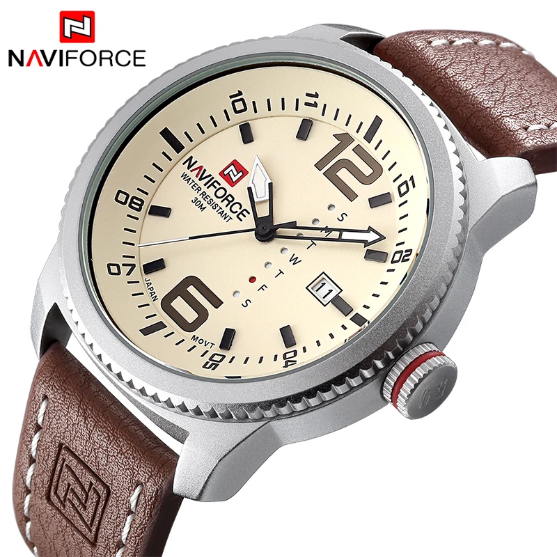 Люксовые брендовые военные часы NAVIFORCE Мужские кварцевые аналоговые с кожаным