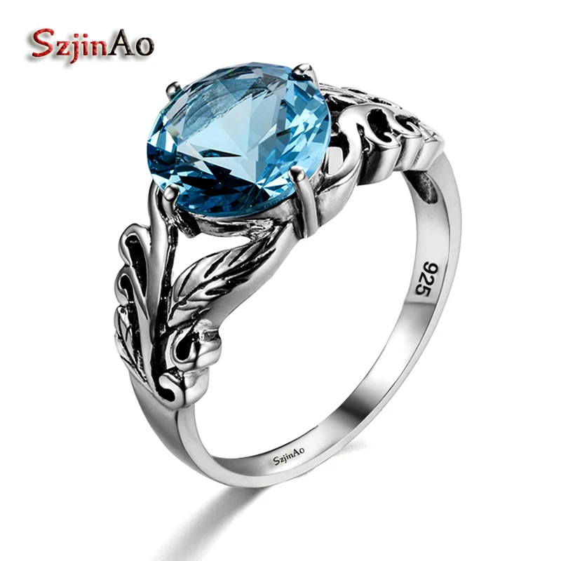 

Szjinao Aquamarine 100% 925 Sterling Silver Women Retro Pretty Engagement Ring Plant Leaf Victoria Carter Love Jewelry Clamor