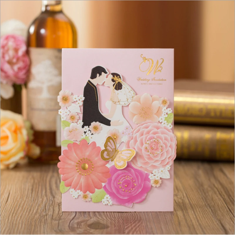 H&D (50 pieces/lot) New 3D Flower Wedding Invitations Bride And Groom ...