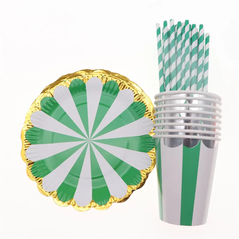 

Disposable Tableware Disposable Paper Straw/Plate/Cup Green Striped Party Decorations Adult For Wedding Event Party Supplies