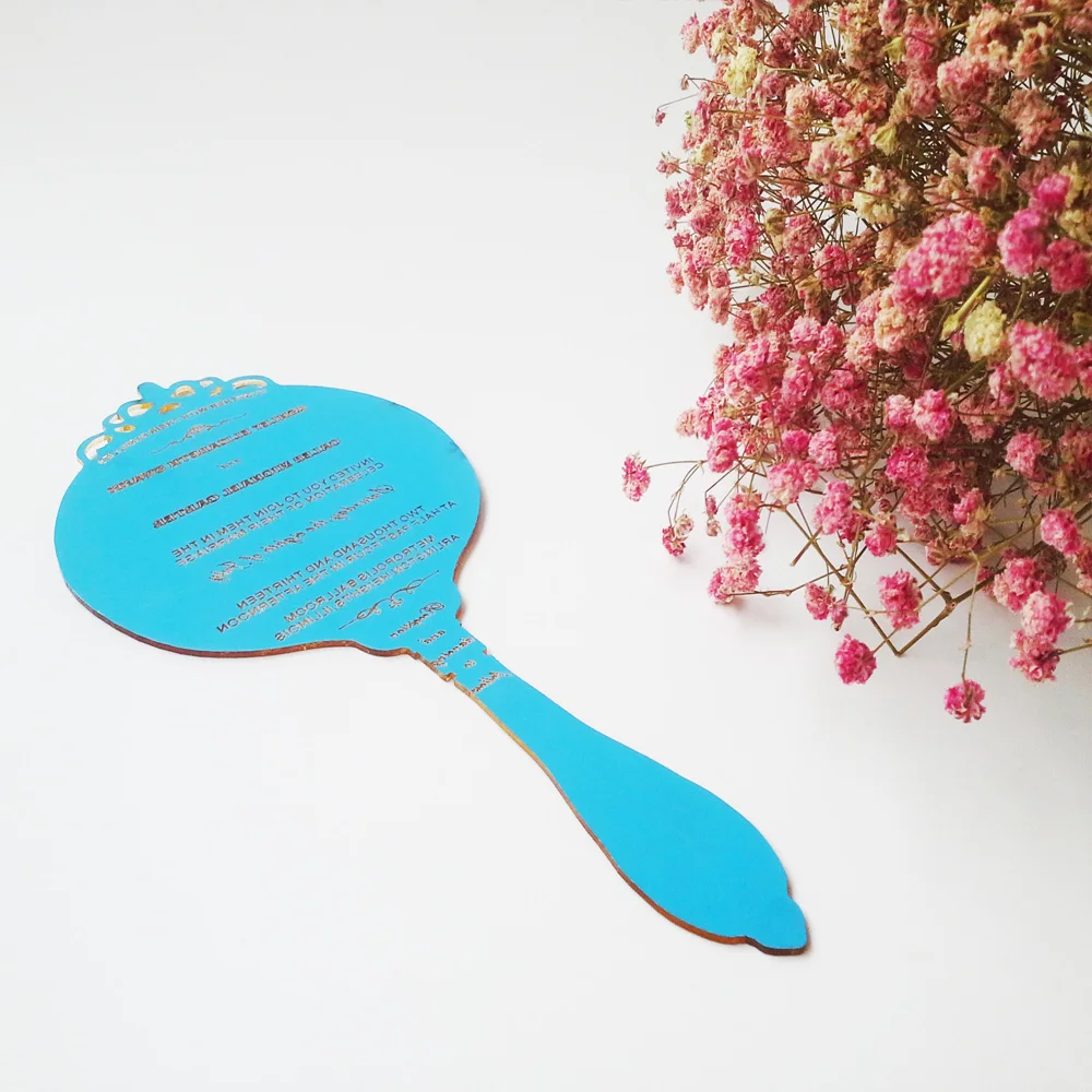  Special shape acrylic wedding invitation card Vintage round Bronze handheld mirror shape accrylic w - 32302900683