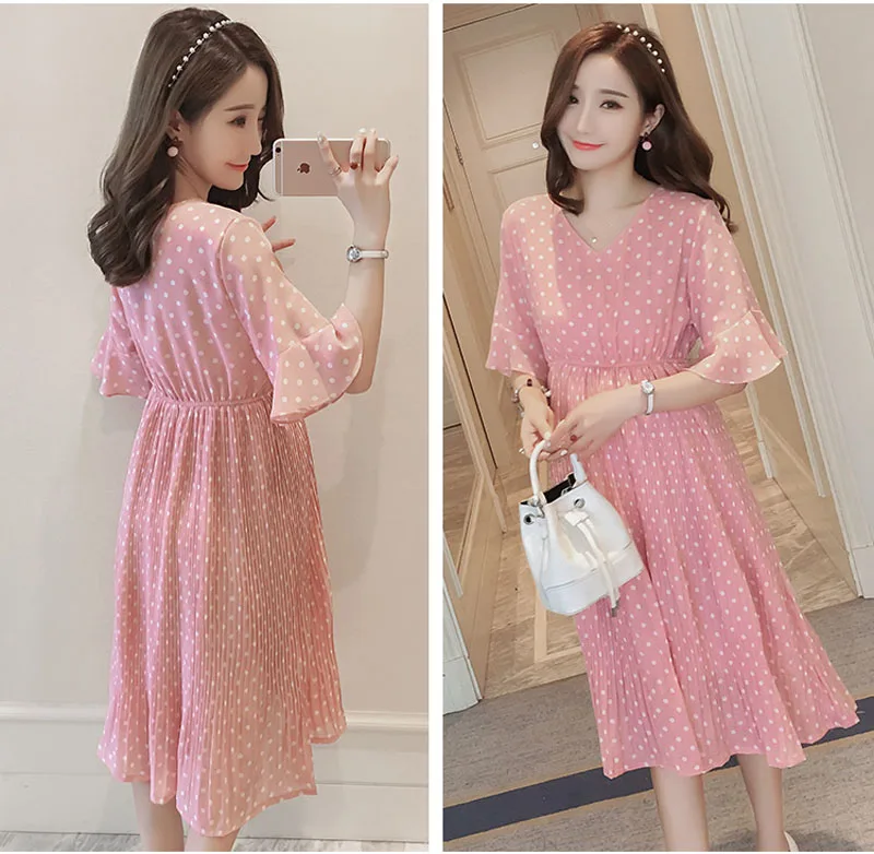 Pregnant Women Midi Pleated Chiffon Dress Pink Polka Dots Summer Pregnancy Clothes Loose Plus Size Maternity Dresses