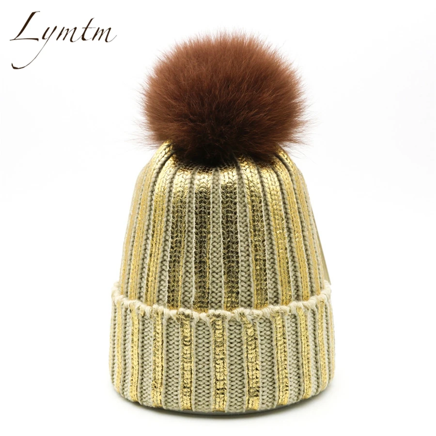 High Quality Pom Pom Hats Bright Bronzing Beanies Fashion Women Real Fox Fur Pompom Adult Caps