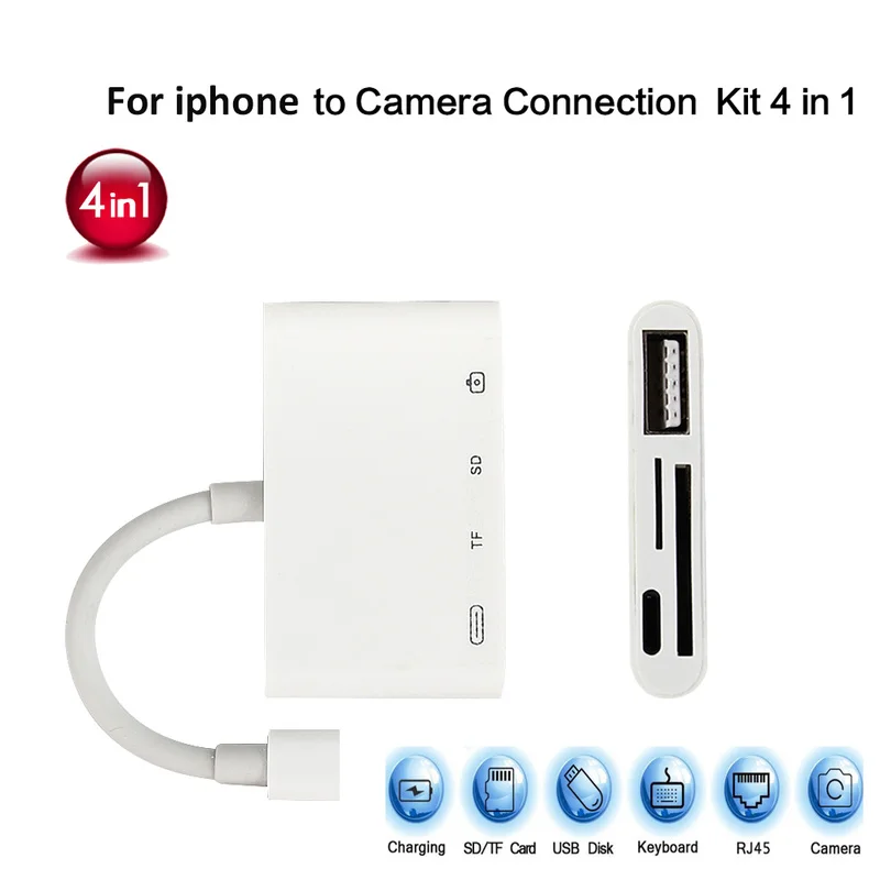 4 In 1 Adapter For iPhone to USB Camera Reader OTG Cable SD TF Card Camera Connection For iPhone