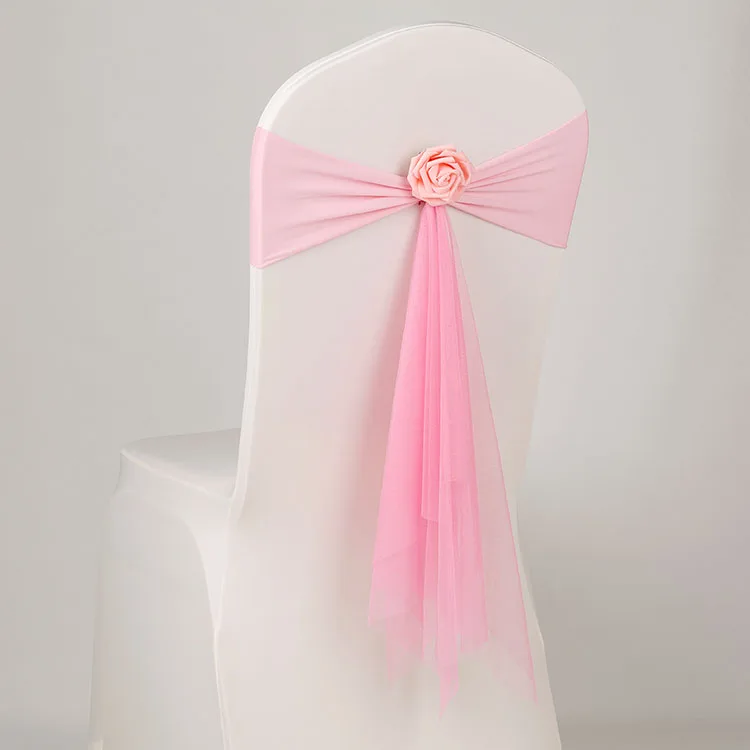 

Pink colour spandex sashes with rose ball artifical flower and organza chair sash wedding lycra bow tie band wholesale