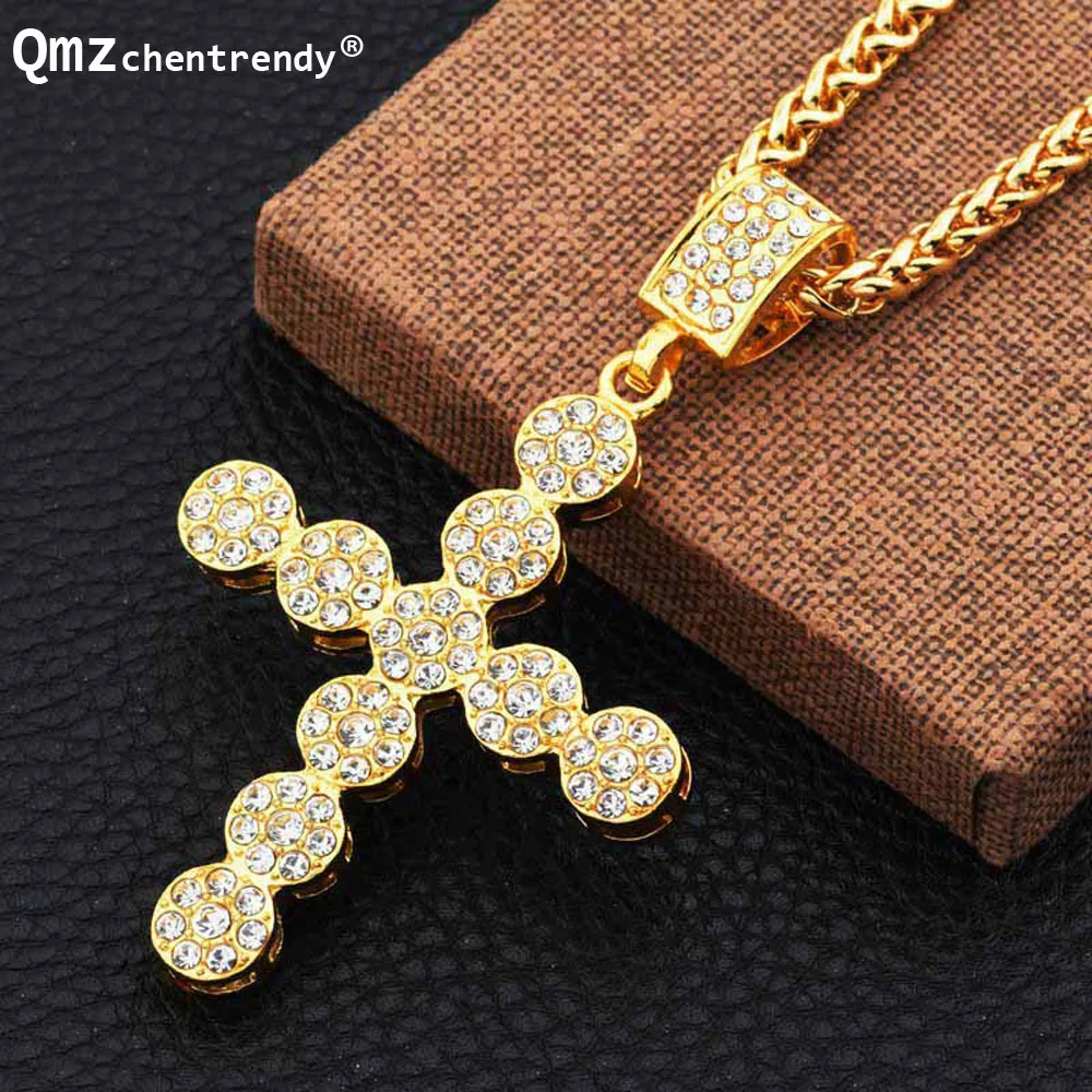 

News Arrive Simple Rhinestone Round Cross Pendant Necklace Men Hip Hop Crucifix Christian Male Jewelry