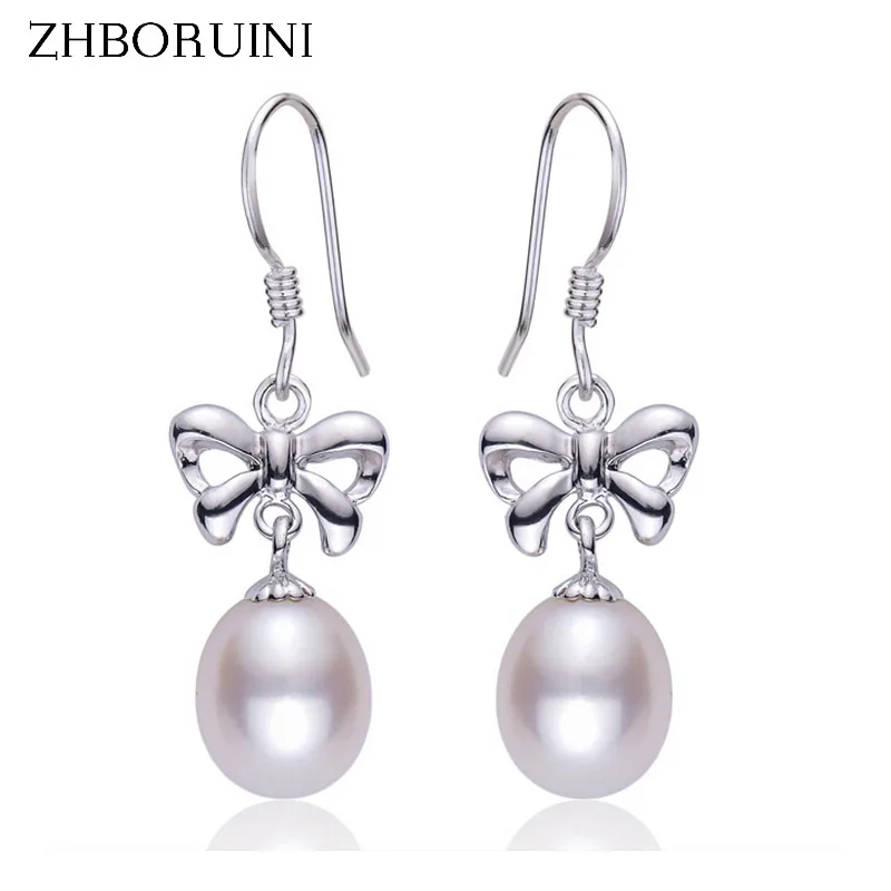 

ZHBORUINI High Quality Natural Pearl Earrings 925 Sterling Silver Pearl Jewelry 8-9mm Bowknot Water Drop Pearl Earrings Wedding