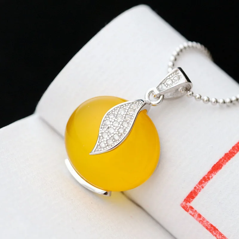 

famous brand 925 sterling silver Semi-precious stones yellow chalcedony jewelry Women Retro Pattern Drop Pendant