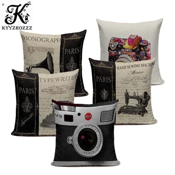 

Vintage style classic decorative throw pillowcase Green Flower Camera Black White cushion cover sofa home almofadas wholesale