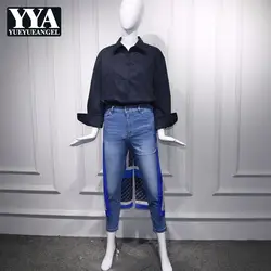 Лоскутное печати для женщин рубашки для мальчиков и тонкий синие джинсы 2 шт. наборы ухода за кожей модная уличная сшитое с длинным рукавом