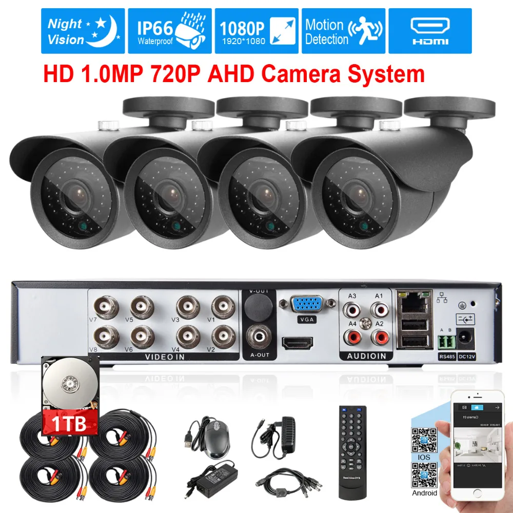 8Channel hdmi 1080p dvr system 4pcs 1Megapixel 720p outdoor waterproof Camera Security system