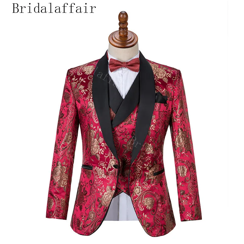 Bridalaffair элегантный пион цветы жаккард Мужские свадебные костюмы Slim Fit 3 шт смокинг