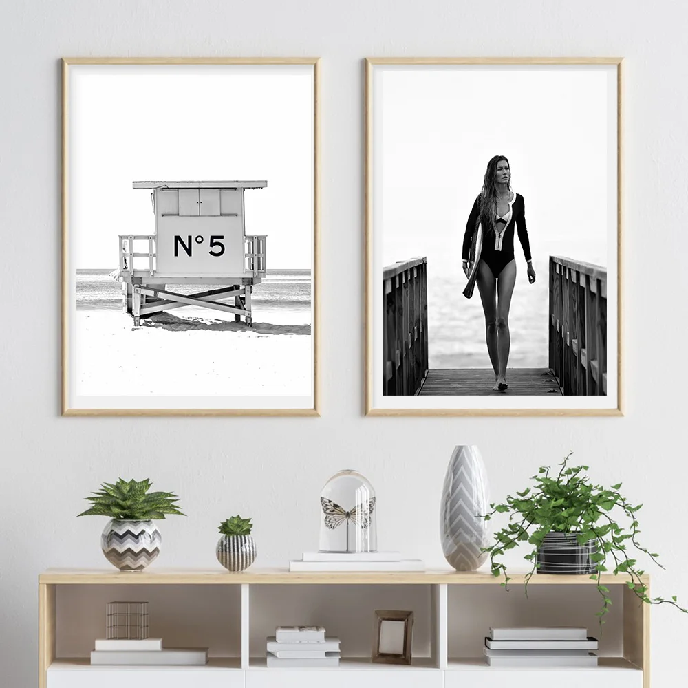 Cuadros Модные женские плакаты и принты для серфинга, постер на холсте, картина черно-белые настенные художественные картины для украшения гостиной