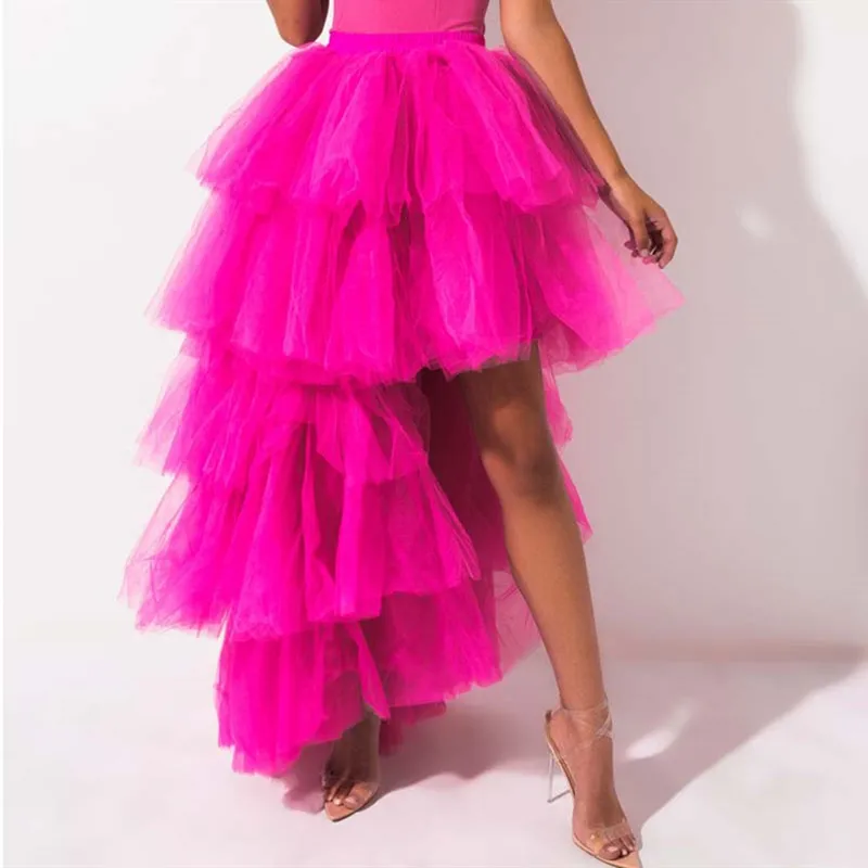 

High Quality rose Red Hi Low Trendy Tiered Tulle Women Long Skirts Ruffle Asymmetrical Zipper Waistline Party Skirts Custom Made