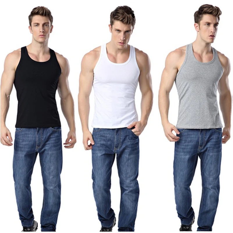 

3 pieces/lot Tank Top Men O-Neck Solid Bodybuilding fitness Undershirt Asian size