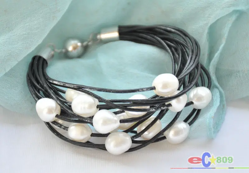 Изображения 15 ряд " 13 мм белый мелкий пресноводный жемчуг черный кожаный браслет