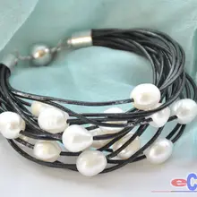 Изображения 15 ряд " 13 мм белый мелкий пресноводный жемчуг черный кожаный браслет