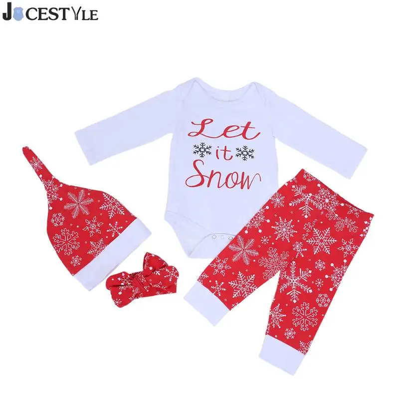 

4pcs Baby Girl Boy Clothes Christmas Long Sleeve Printed Romper + Snowflake Pants +Hat + Headband Outfits Toddler Girl Clothing