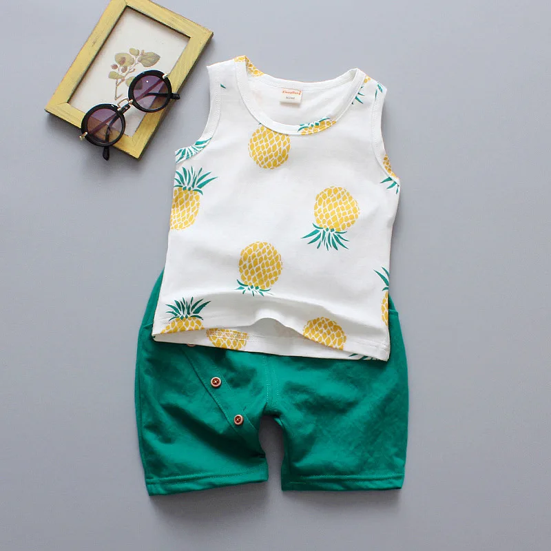 

2019 Boy Clothes Set Summer Sleeveless O-Neck Pineapple Button Cotton Vest+Shorts 2PCS Newborn Clothes Toddler Boy Tracksuit Set