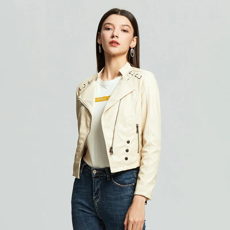 NXH Leather jacket Women Autumn Fashion Coat  Plus size Motor Biker Jacket Black Red Yellow Pu Faux leather Jackets