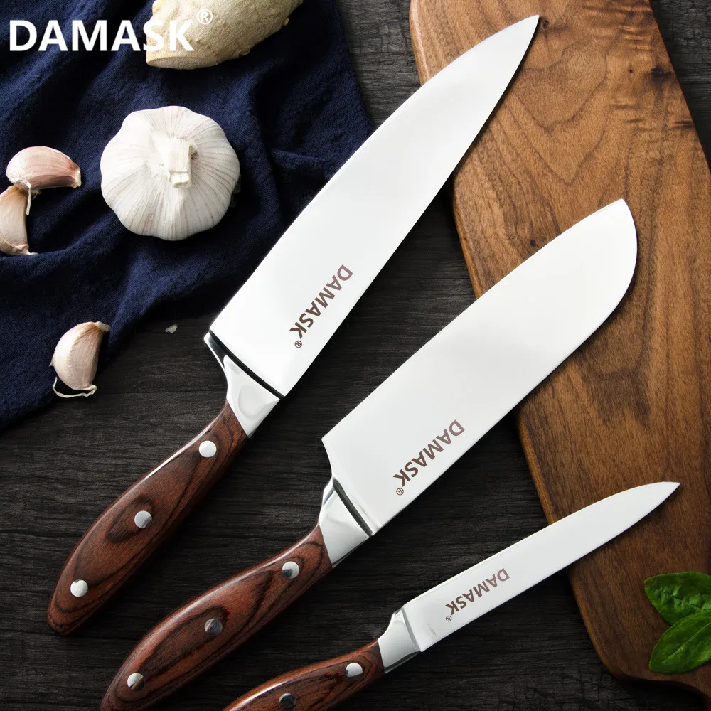 

Damask Knife Set 3pcs Kitchen Knives Cooking Japanese Knife Santoku Utility Chef Knives Cutting Meat Fish Vegetable 7Cr17 Steel