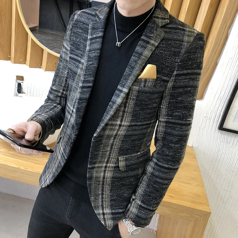 

2019 Mens fashion Dance Blazers Coats Male pattern Business affairs Wedding Stage Long sleeve Suit Jackets Slim grid coat S-3XL