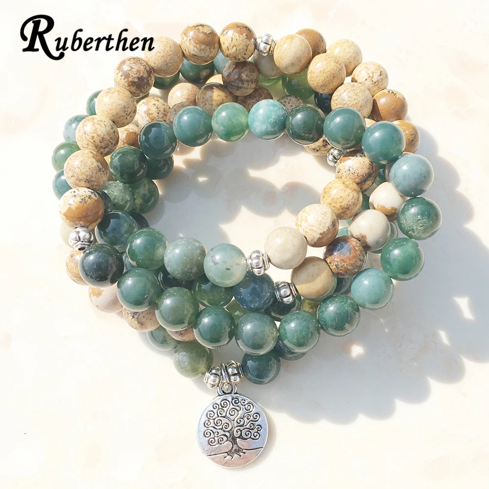 

Ruberthen Fashion Design Women`s Yoga Mala Bracelet Picture Moss Natural Stone Necklace Tree of Life Charm Wrap Bracelet