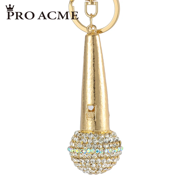 

Pro Acme Novelty Rhinestone Gold Microphone Keychains for Women Bag Pendant Car Key Chain Ring Holder Jewelry llaveros PWK0255