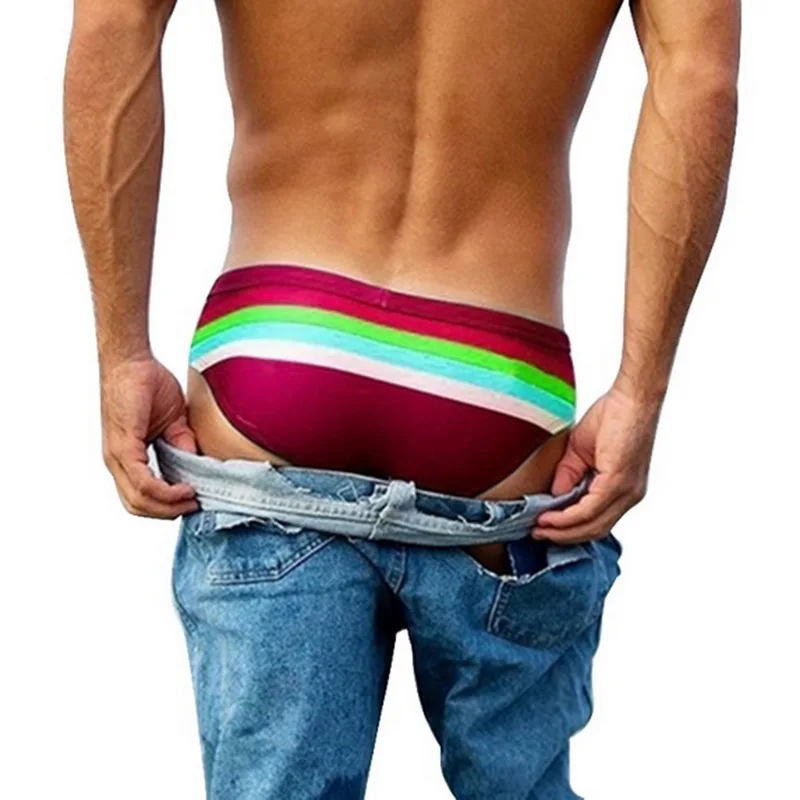 

SHUJIN 2019 New Men's Summer Low Rise Beach Brief Bathing suit Print Striped Homme Bikini Briefs Swimming Shorts Male Bottom