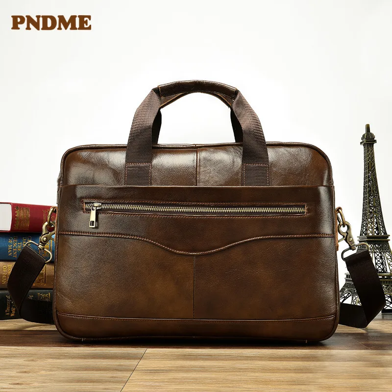 PNDME حقيبة جلد طبيعي حقيبة الأعمال عارضة حقيبة رجالية Crossbody أكياس رئيس طبقة جلدية حقائب كمبيوتر للرجال