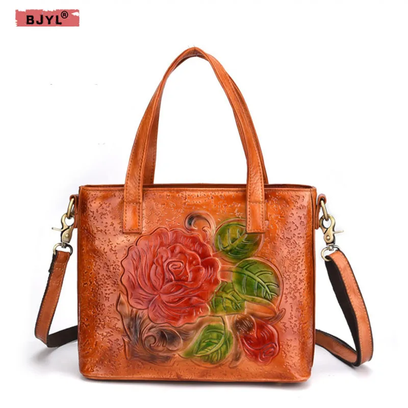 

BJYL Genuine leather Women Bags Europe and the United States Flowers handbag Shoulder retro rubbing color bucket casual handbags
