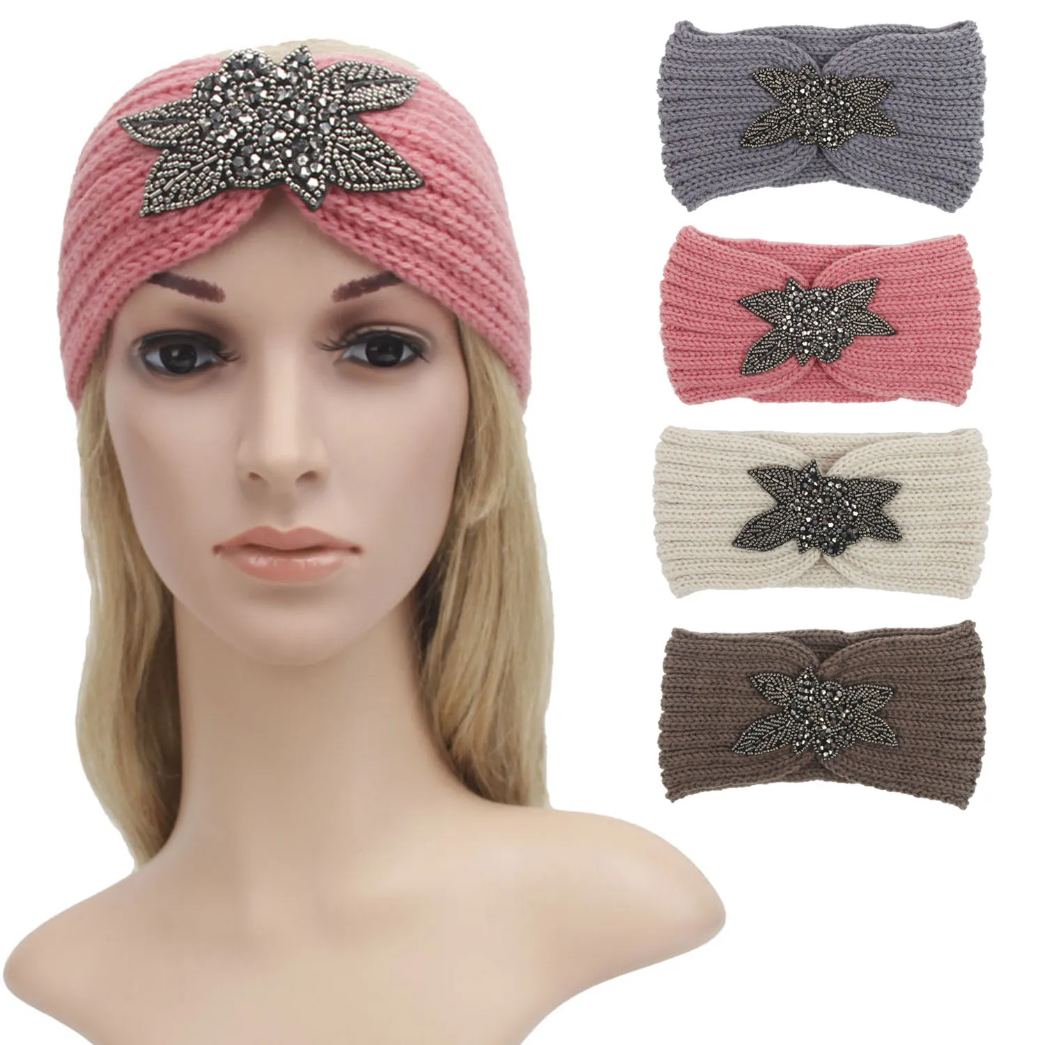 

Fashion Winter Warm Soft Knitting Knitted Woolen Headband Hair Wraps with Rhinestone for Girls Women Ladies