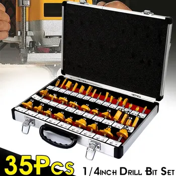 

35PCS Wood Woodworking Cutter Trimming Knife Forming Milling Wood 1/4" Shank Tungsten Carbide Router Bit Set With Case Box