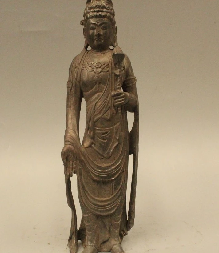 

9" China Chinese Pure Bronze Stand Lotus Flower Kwan-yin Guan Yin Goddess Statue