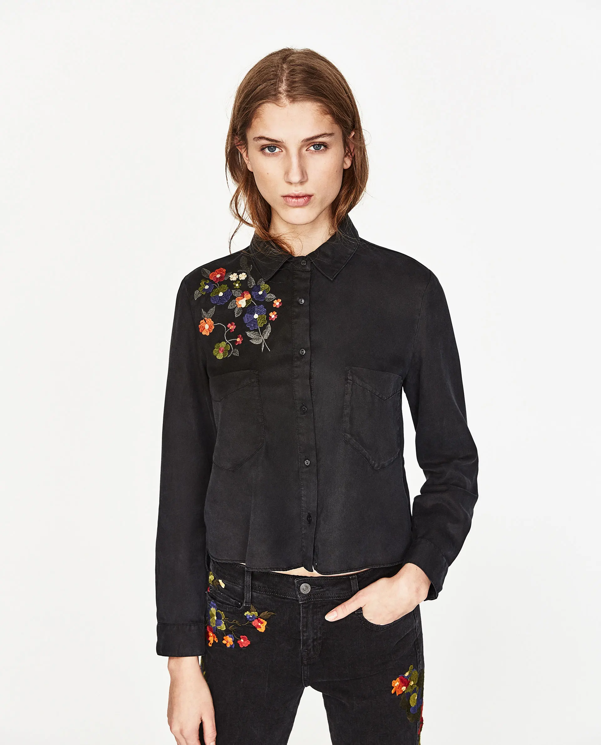 ZA Over Size Light Blue Embroidery Blouse Shirts Solid Color Turn Dow