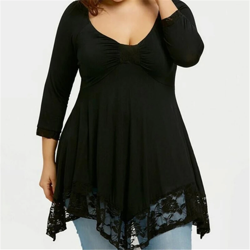  Plus Size Women Tops Lace Trim Empire Waist Handkerchief T-shirts Three Quarter Asymmetrical Spring
