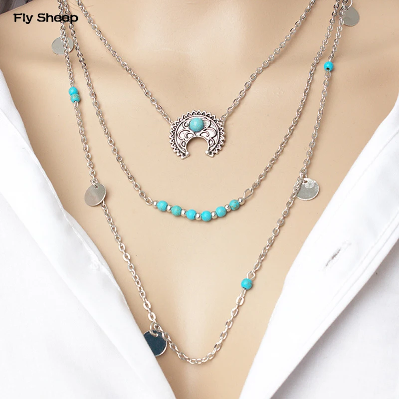 

Hot Fashion Bohe Long Pendant Necklaces Gold Totem Flower Moon 3 Layer Chain Necklace Tassel Statement Necklaces